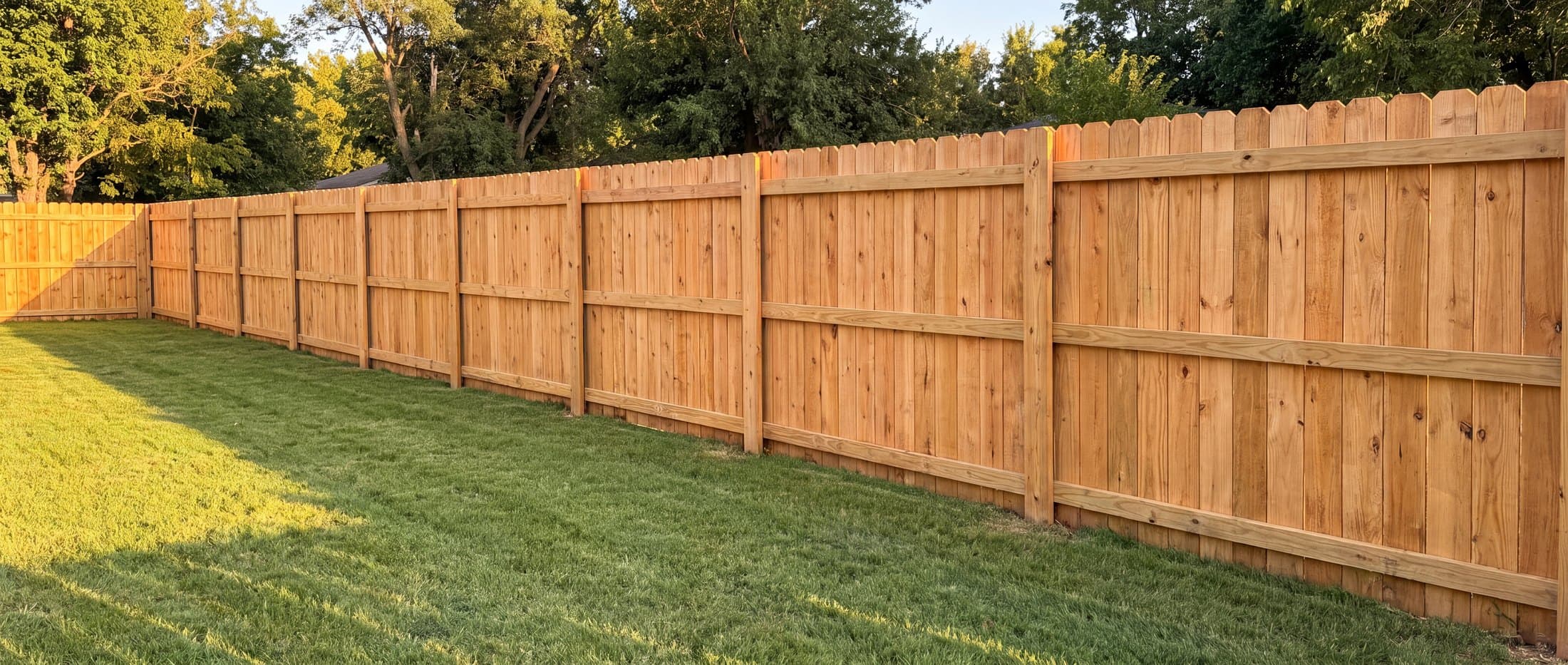 Long cedar privacy fence run at golden hour in Wichita, Kansas